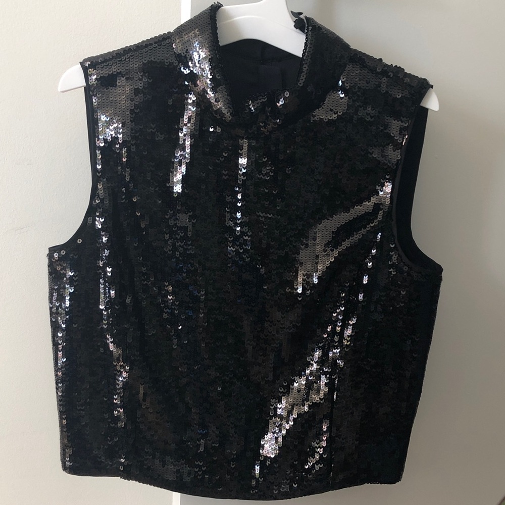 Theory Black Sequin Sleeveless Mock Neck Top